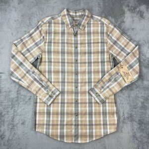 NWT Madda Fella Brand Plaid Poplin Tan Multicolor Button Up Long Sleeve Shirt S